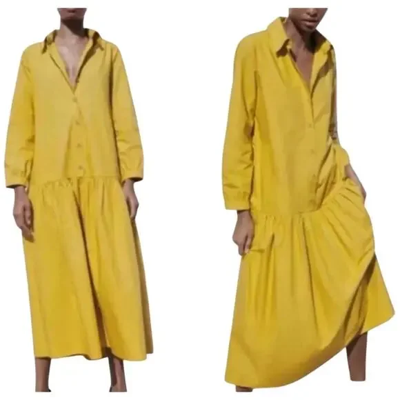 Womens Zara Poplin Maxi Dress Yellow Size S EUC! - Picture 1 of 3